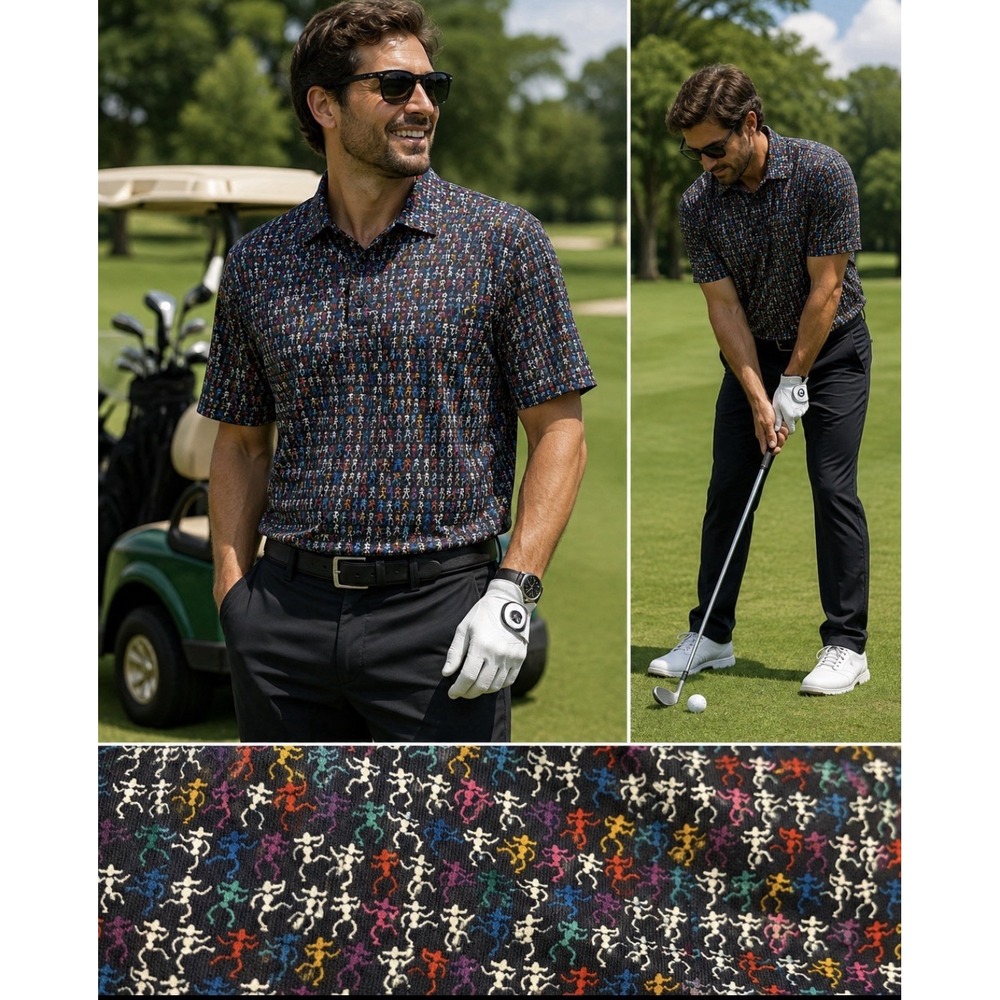 1764 Golf Polo Shirt Mens XL Blue Performance All Over Print dancing hats